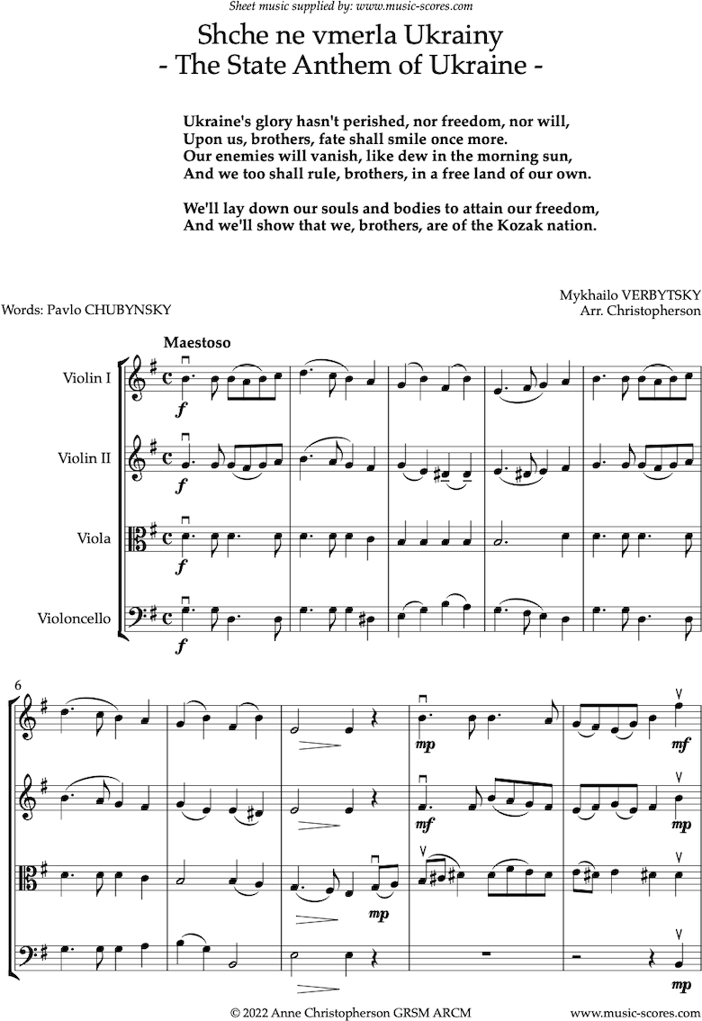 Front page of Ukraine State Anthem: String quartet sheet music