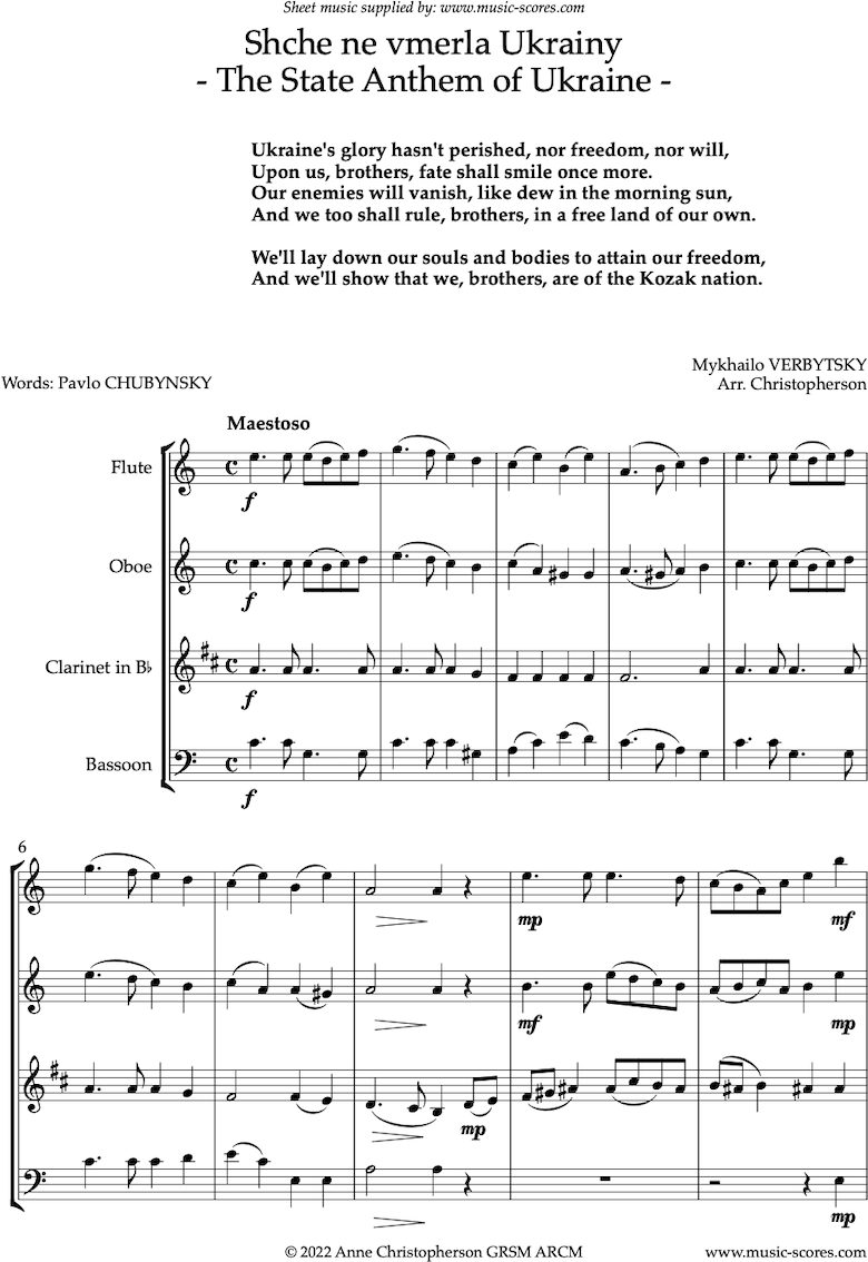 Front page of Ukraine State Anthem: wind quartet sheet music