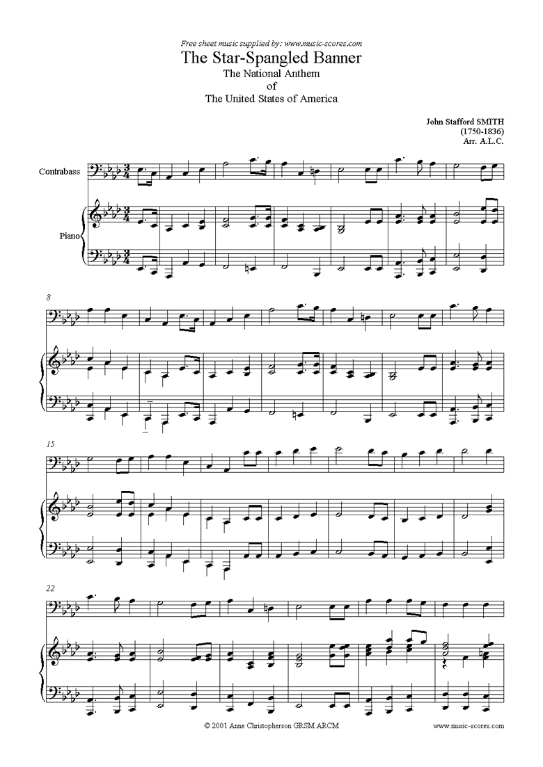 Front page of The Star Spangled Banner: Double Bass sheet music