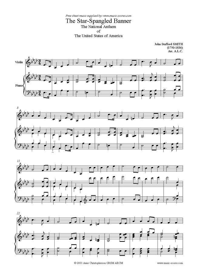 Front page of The Star Spangled Banner: Violin sheet music