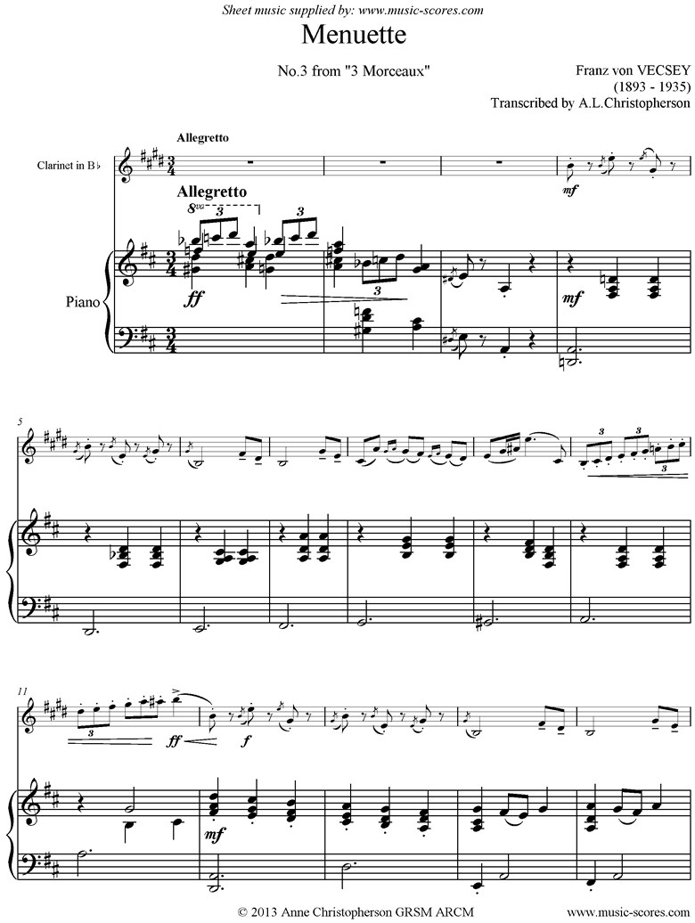 Front page of Menuette: Clarinet, Piano sheet music