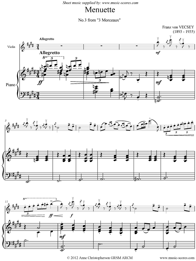 Front page of Menuette: Violin, Piano sheet music