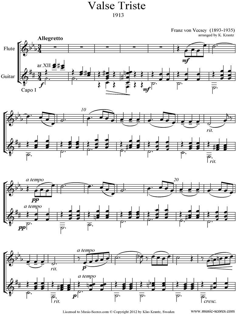 Front page of Valse Triste: Flute, Guitar sheet music