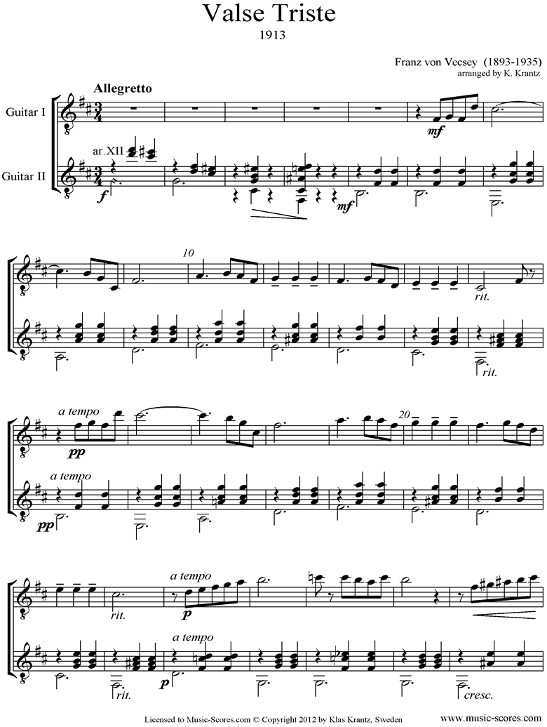 Front page of Valse Triste: Guitar Duet sheet music