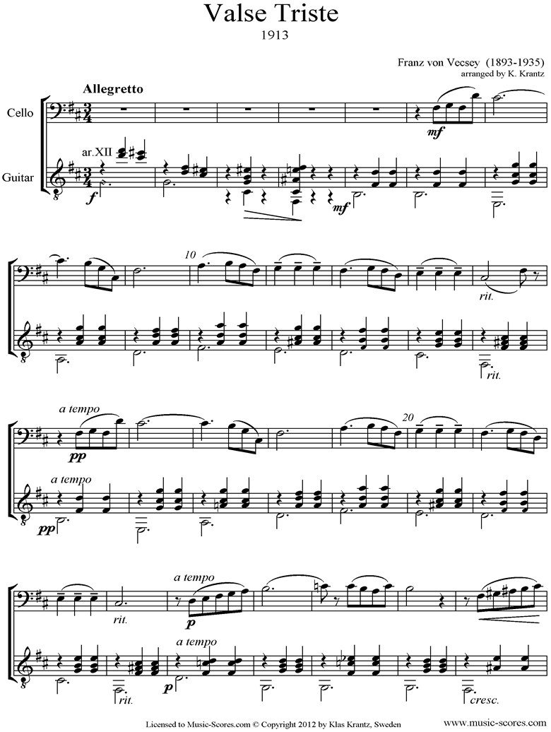 Front page of Valse Triste: Cello, Guitar sheet music