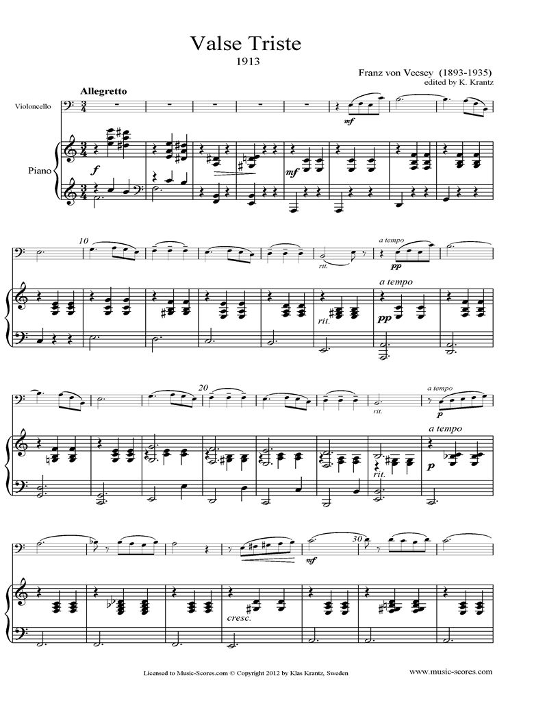 Front page of Valse Triste: Cello, Piano sheet music