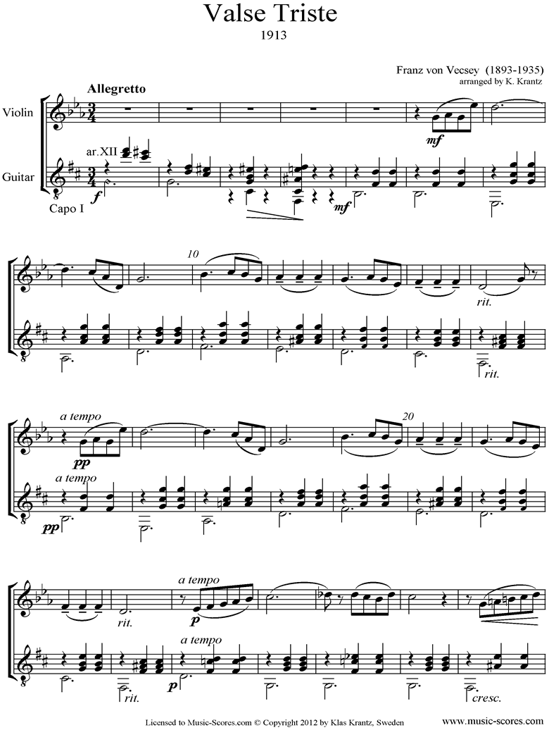 Front page of Valse Triste: Violin, Guitar sheet music