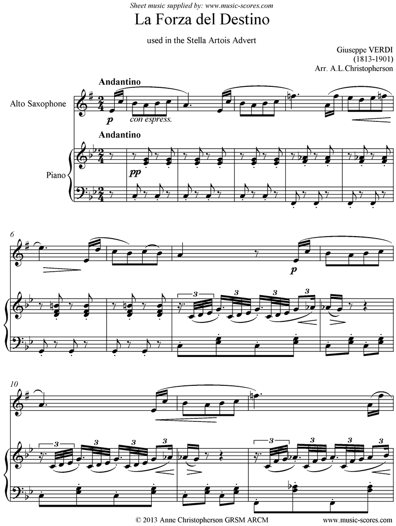 Front page of La Forza del Destino. Alto Sax, Piano sheet music