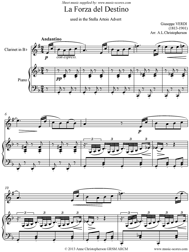 Front page of La Forza del Destino. Clarinet, Piano sheet music