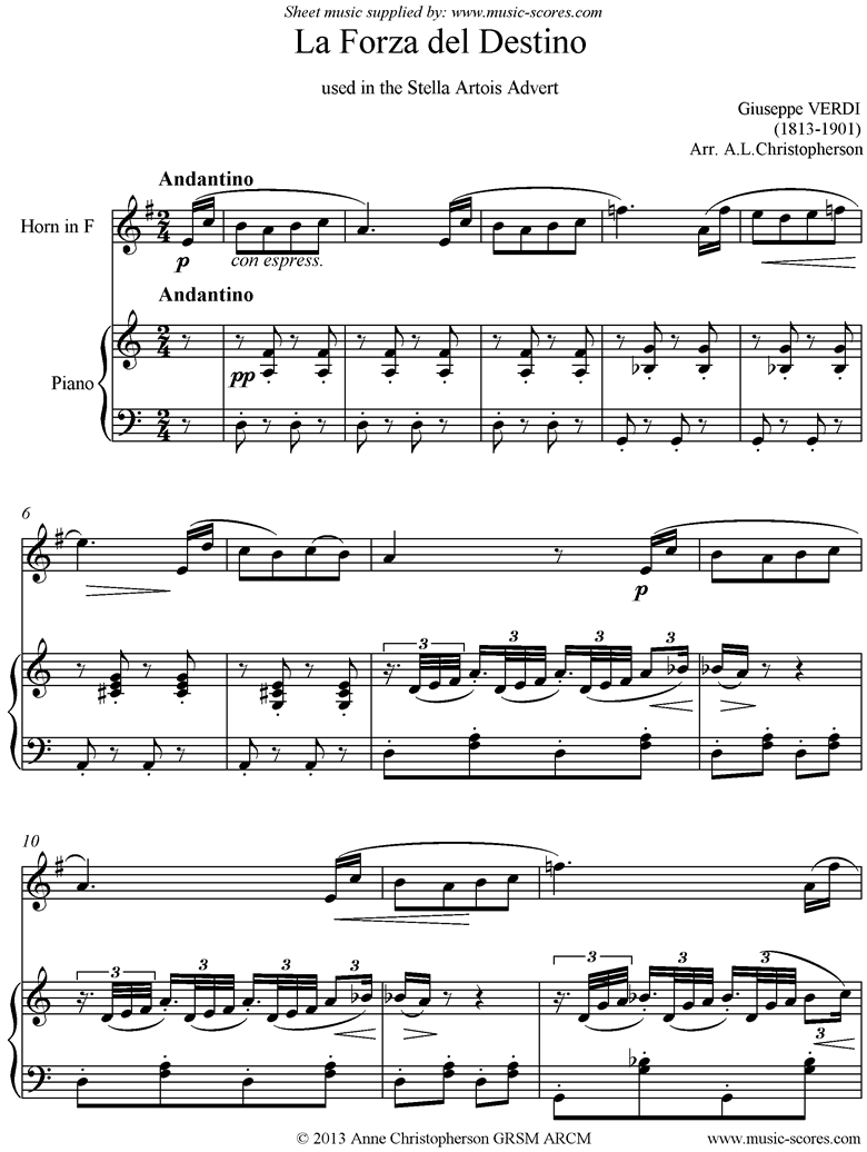 Front page of La Forza del Destino. French Horn, Piano sheet music