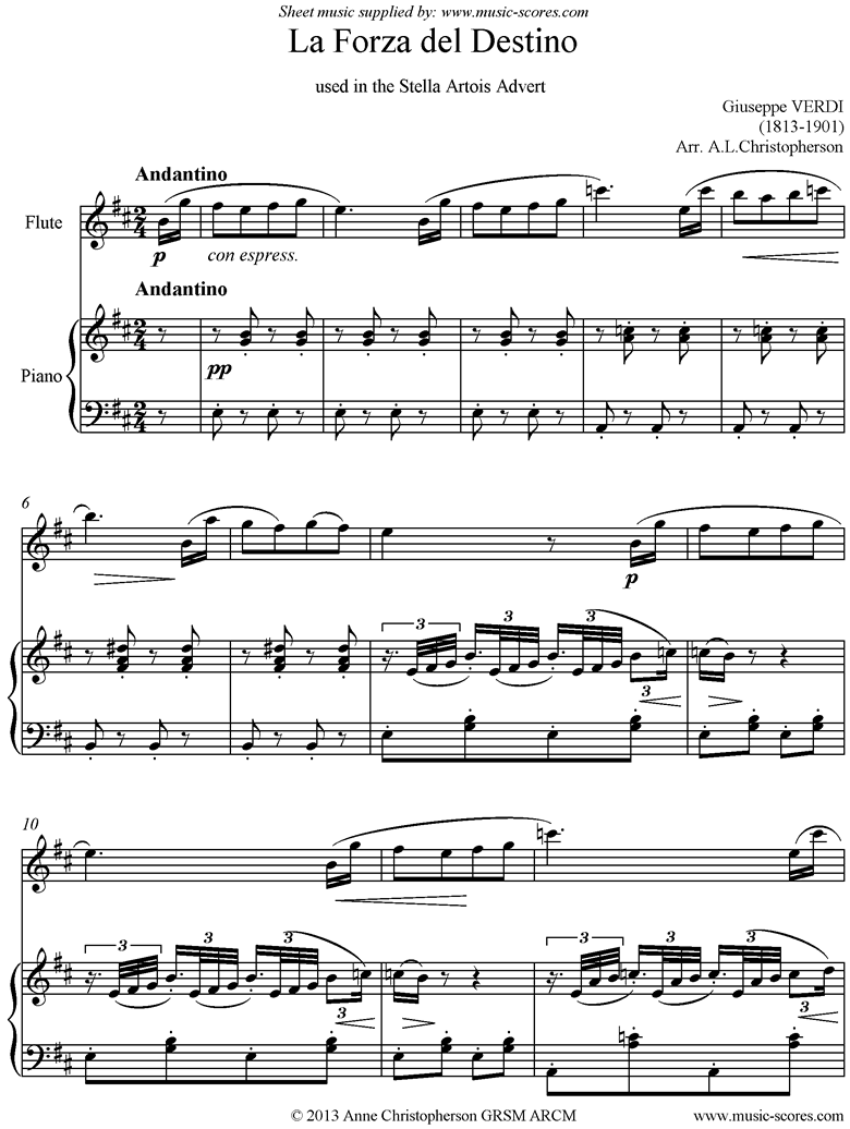 Front page of La Forza del Destino. Flute, Piano sheet music