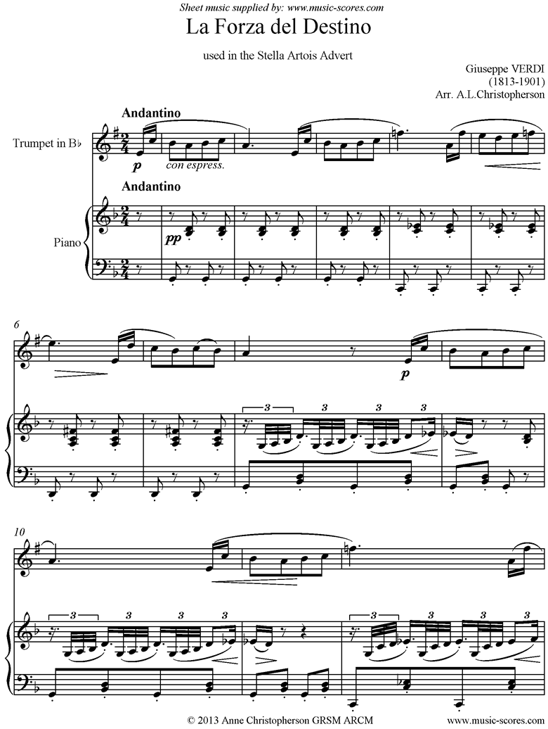 Front page of La Forza del Destino. Trumpet, Piano sheet music