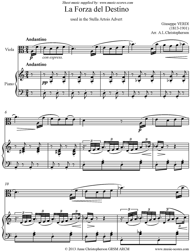Front page of La Forza del Destino. Viola, Piano sheet music