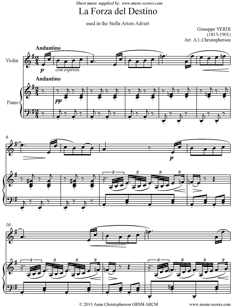 Front page of La Forza del Destino. Violin, Piano sheet music