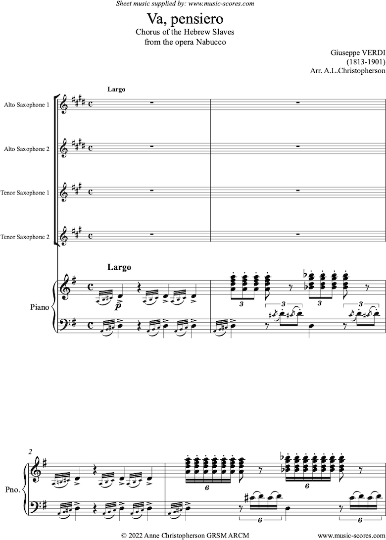 Front page of Nabucco: Chorus of Hebrew Slaves. 4 Saxes and Piano. G ma. sheet music