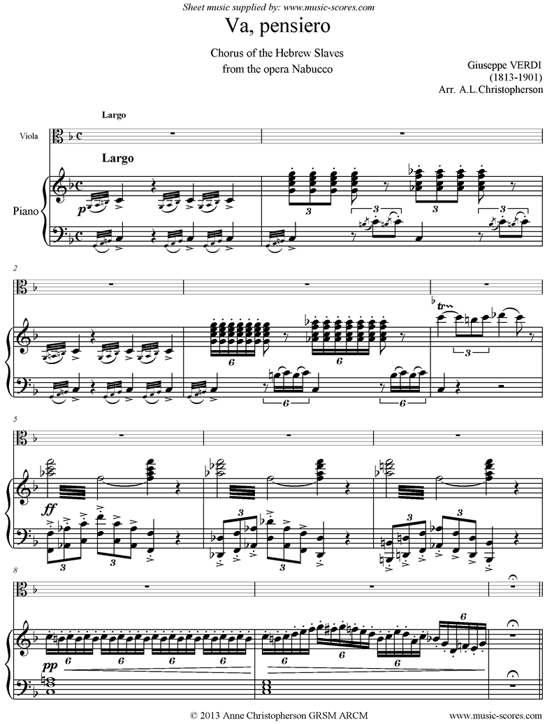 Front page of Nabucco: Chorus of Hebrew Slaves. Viola, Piano. Fma sheet music