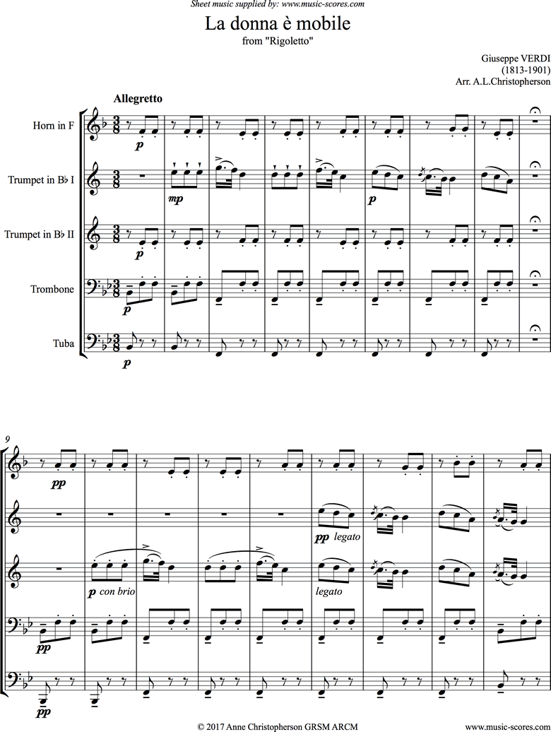 Front page of Rigoletto: La Donna e Mobile: Brass Quintet sheet music