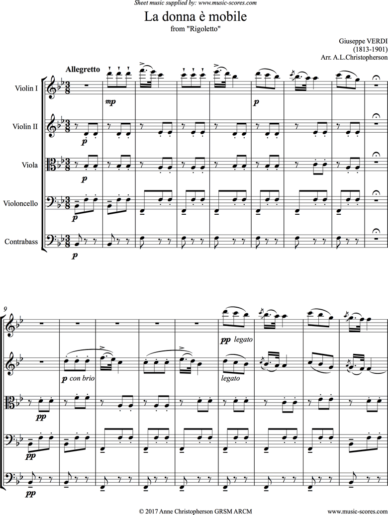 Front page of Rigoletto: La Donna e Mobile: String Quintet sheet music