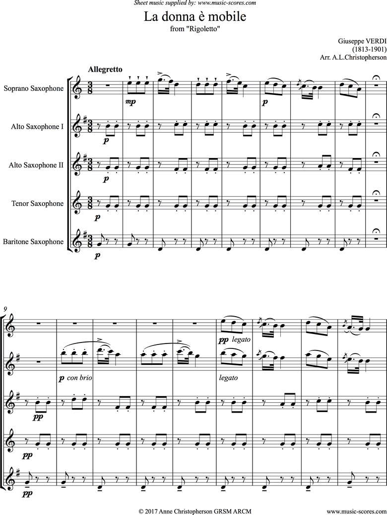 Front page of Rigoletto: La Donna e Mobile: Sax Quintet sheet music