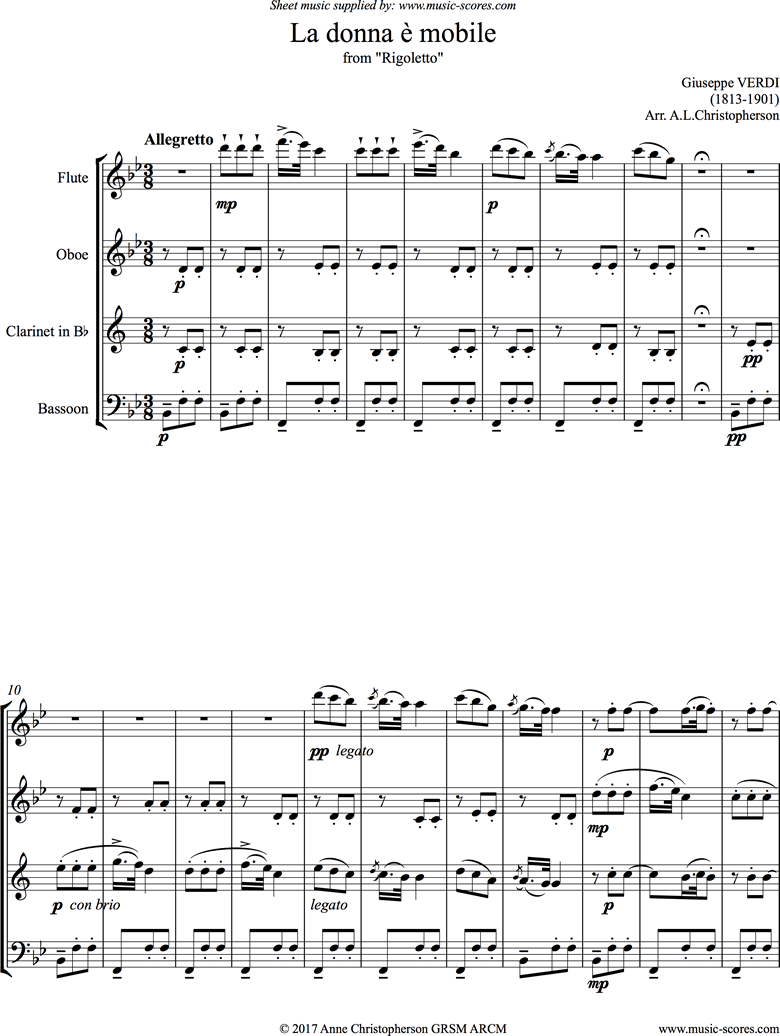 Front page of Rigoletto: La Donna e Mobile: Wind Quartet sheet music