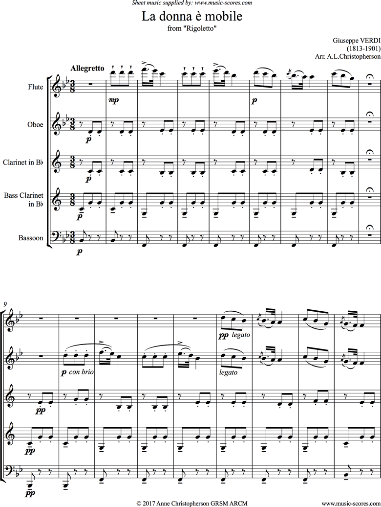 Front page of Rigoletto: La Donna e Mobile: Wind Quintet sheet music