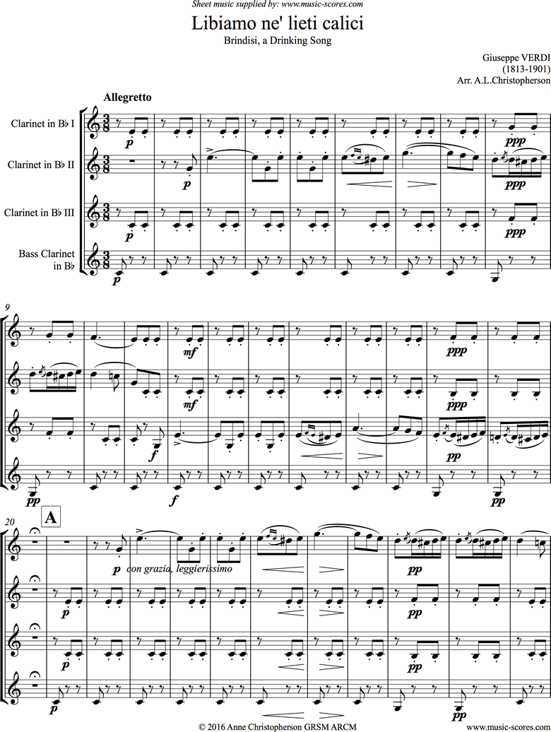 Front page of La Traviata: Brindisi. 3 Clarinets, Bass Clarinet sheet music