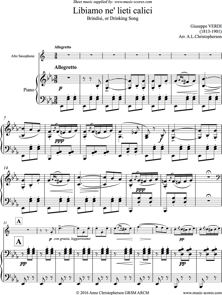 Front page of La Traviata: Brindisi. Alto Sax, Piano sheet music