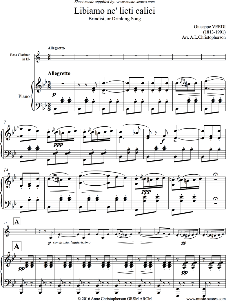 Front page of La Traviata: Brindisi. Bass Clarinet, Piano sheet music