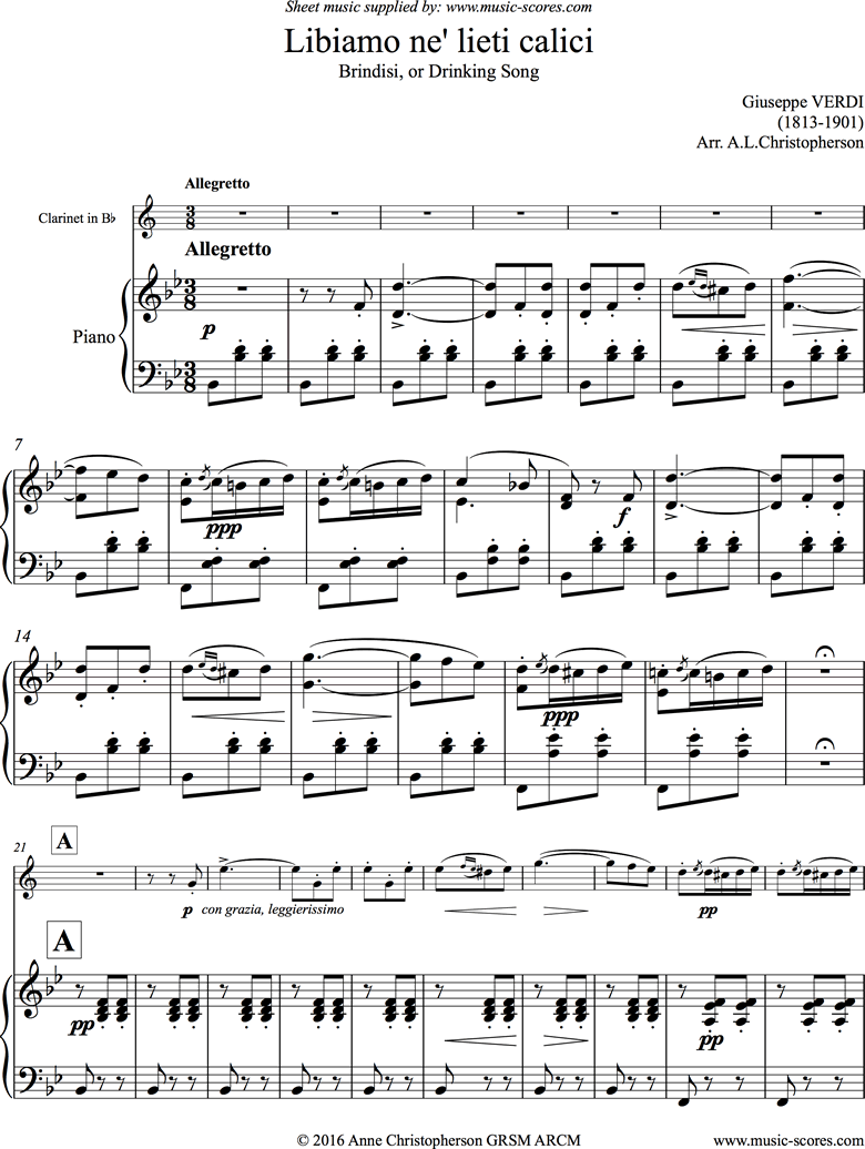 Front page of La Traviata: Brindisi. Clarinet, Piano sheet music