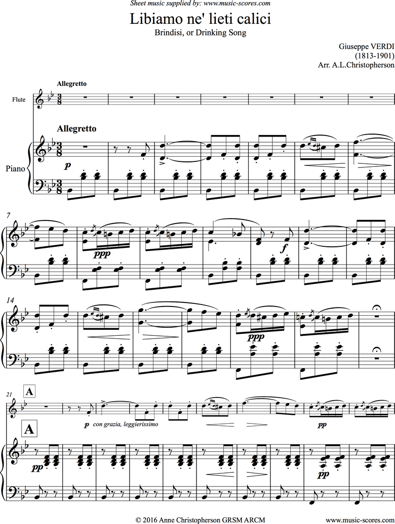 Front page of La Traviata: Brindisi. Flute, Piano sheet music