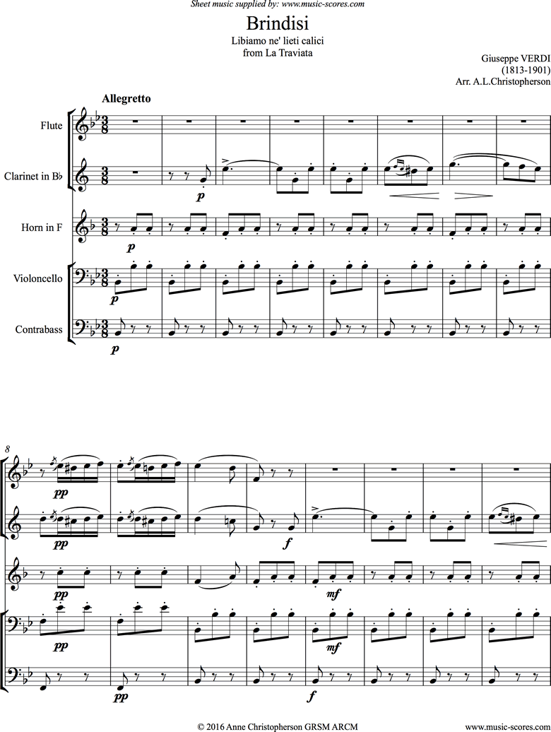 Front page of La Traviata: Brindisi. Flute, Clarinet, Horn, Cello, Contrabass sheet music
