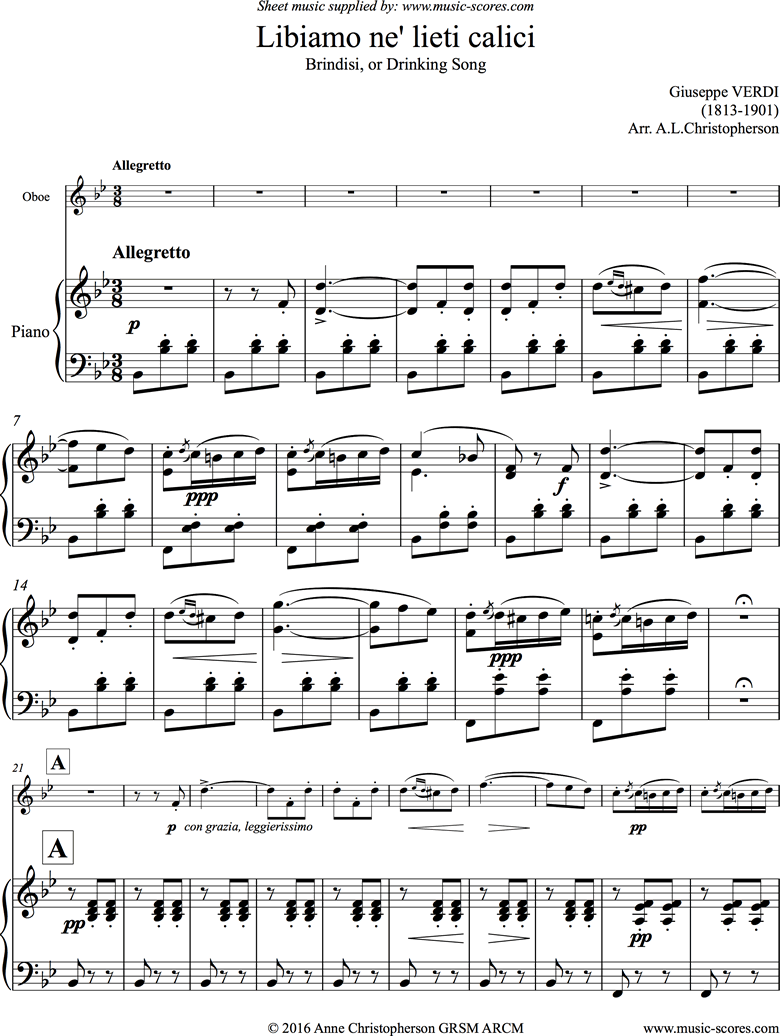 Front page of La Traviata: Brindisi. Oboe, Piano sheet music