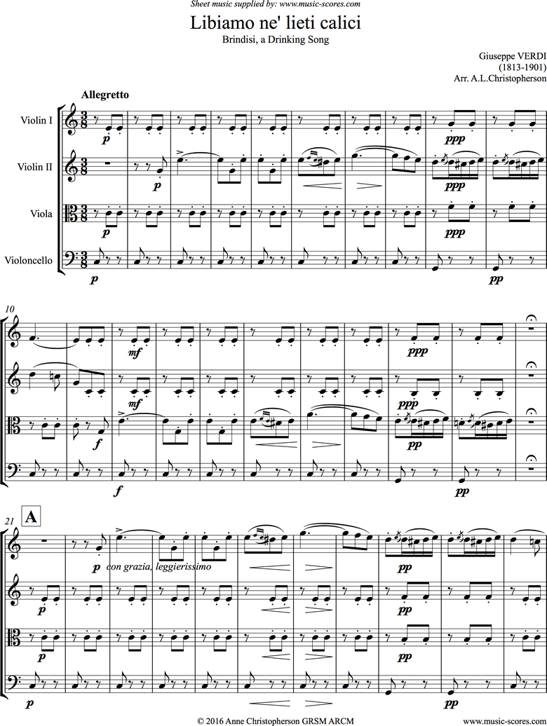 Front page of La Traviata: Brindisi. 2 Violins, Viola, Cello sheet music