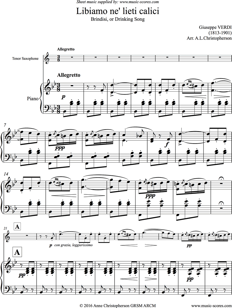 Front page of La Traviata: Brindisi. Tenor Sax, Piano sheet music