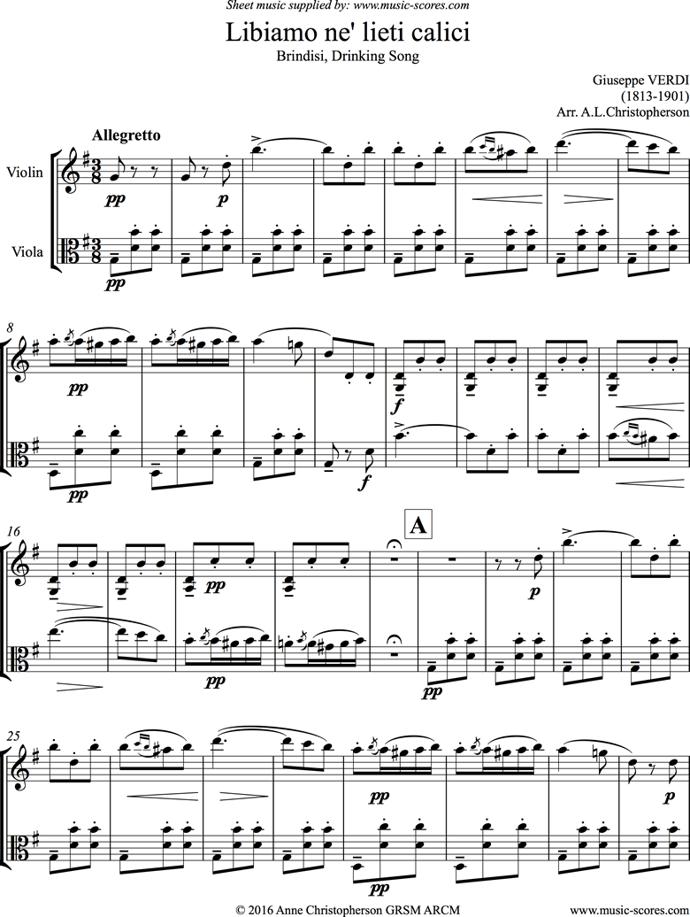 Front page of La Traviata: Brindisi. Violin, Viola sheet music