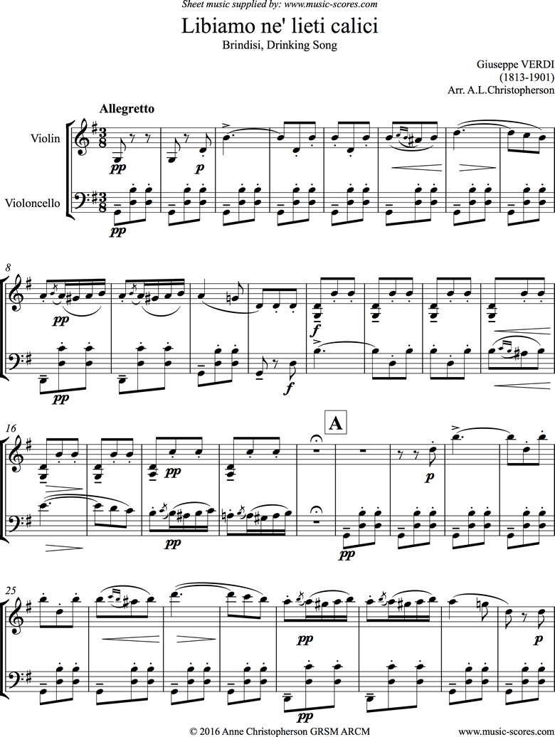 Front page of La Traviata: Brindisi. Violin, Cello sheet music