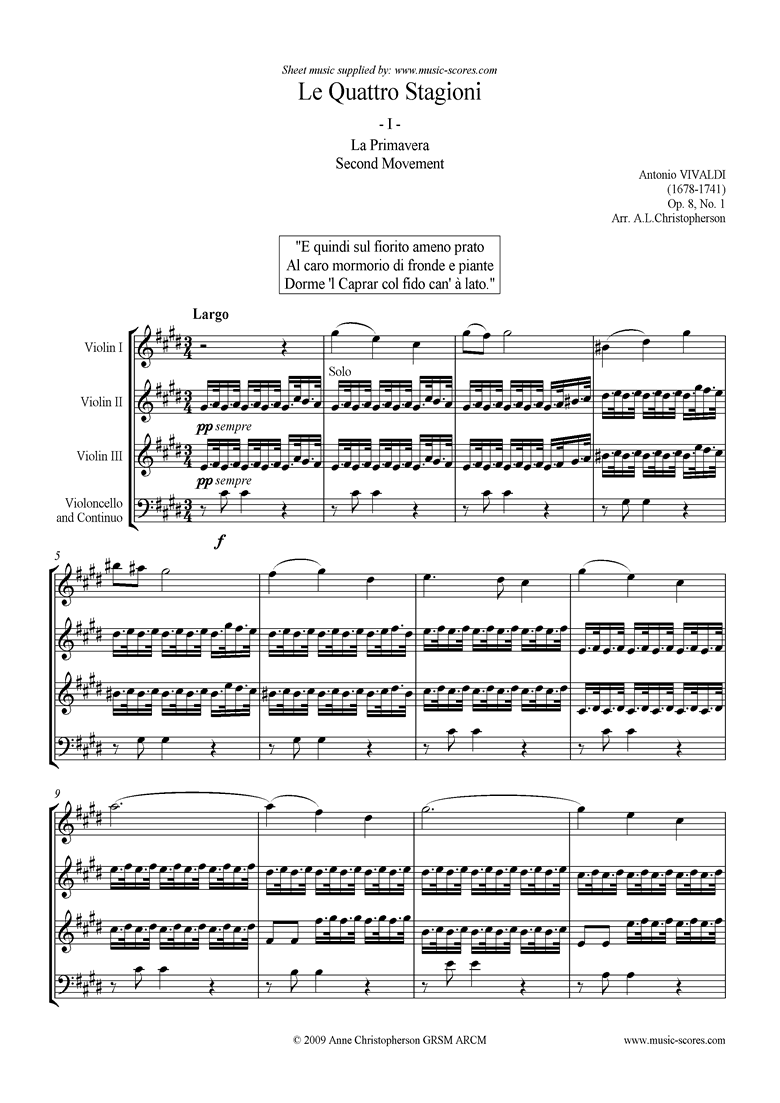 Op.8 No.1: The Four Seasons: Spring: 2nd mt 3VnsVc by Vivaldi
