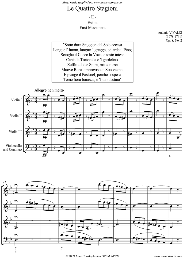 Front page of Op.8 No.2: The Four Seasons: Summer: 1st mt 3VnsVc sheet music