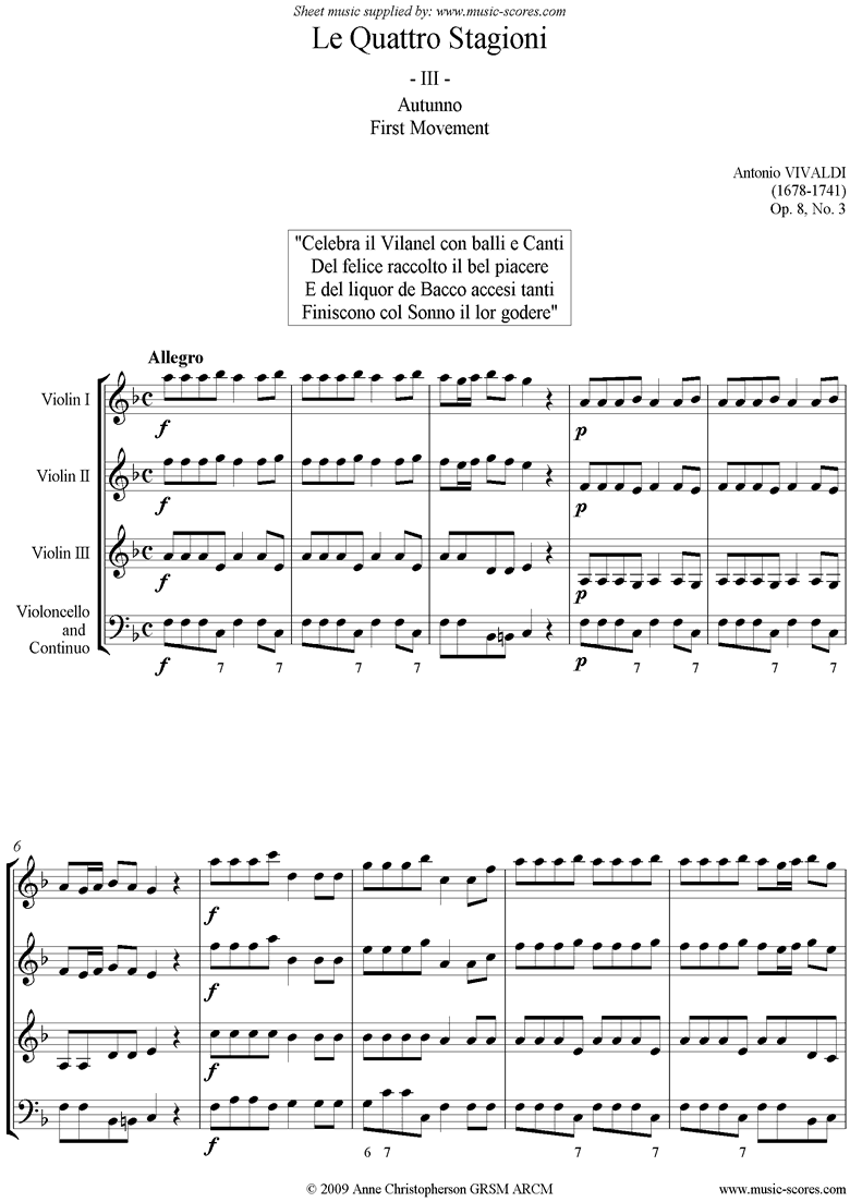 Front page of Op.8 No.3: The Four Seasons: Autumn: 1st mt 3VnsVc sheet music