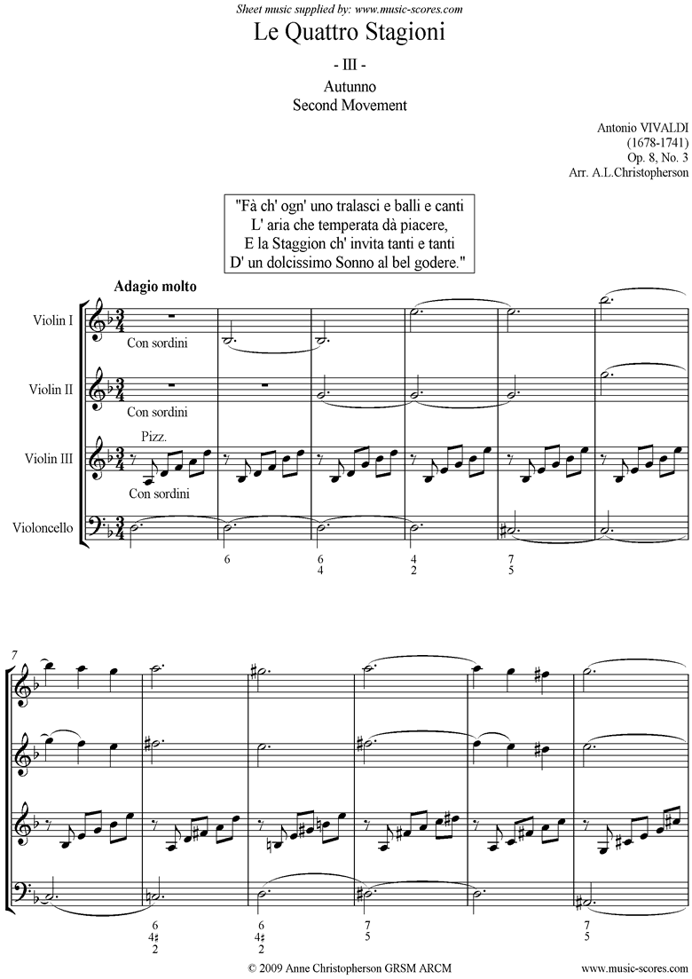 Op.8 No.3: The Four Seasons: Autumn: 2nd mt 3VnsVc by Vivaldi