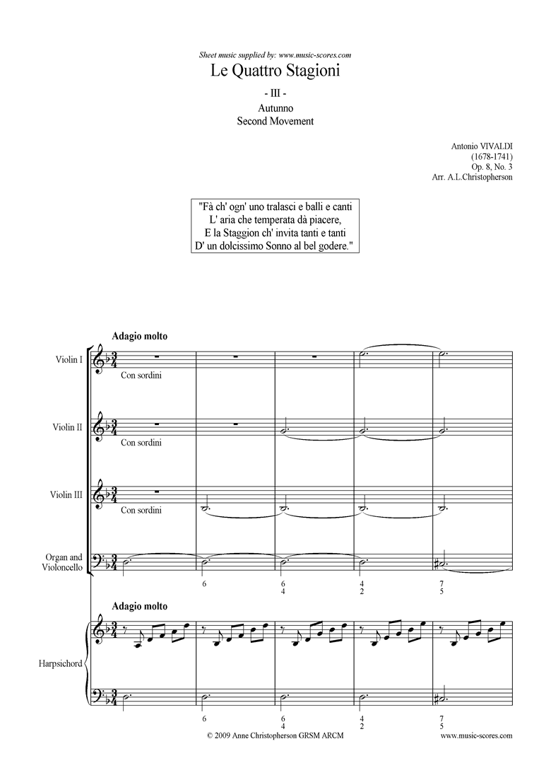 Front page of Op.8 No.3: The Four Seasons: Autumn: 2nd 3VnsVcHps sheet music