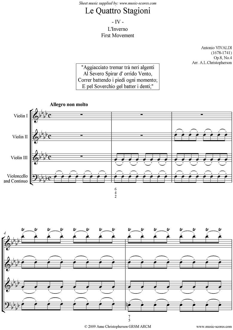 Front page of Op.8 No.4: The Four Seasons: Winter: 1st mt 3VnsVc sheet music