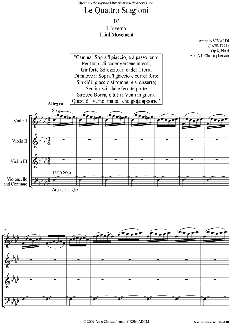 Front page of Op.8 No.4: The Four Seasons: Winter: 3rd mt 3VnsVc sheet music