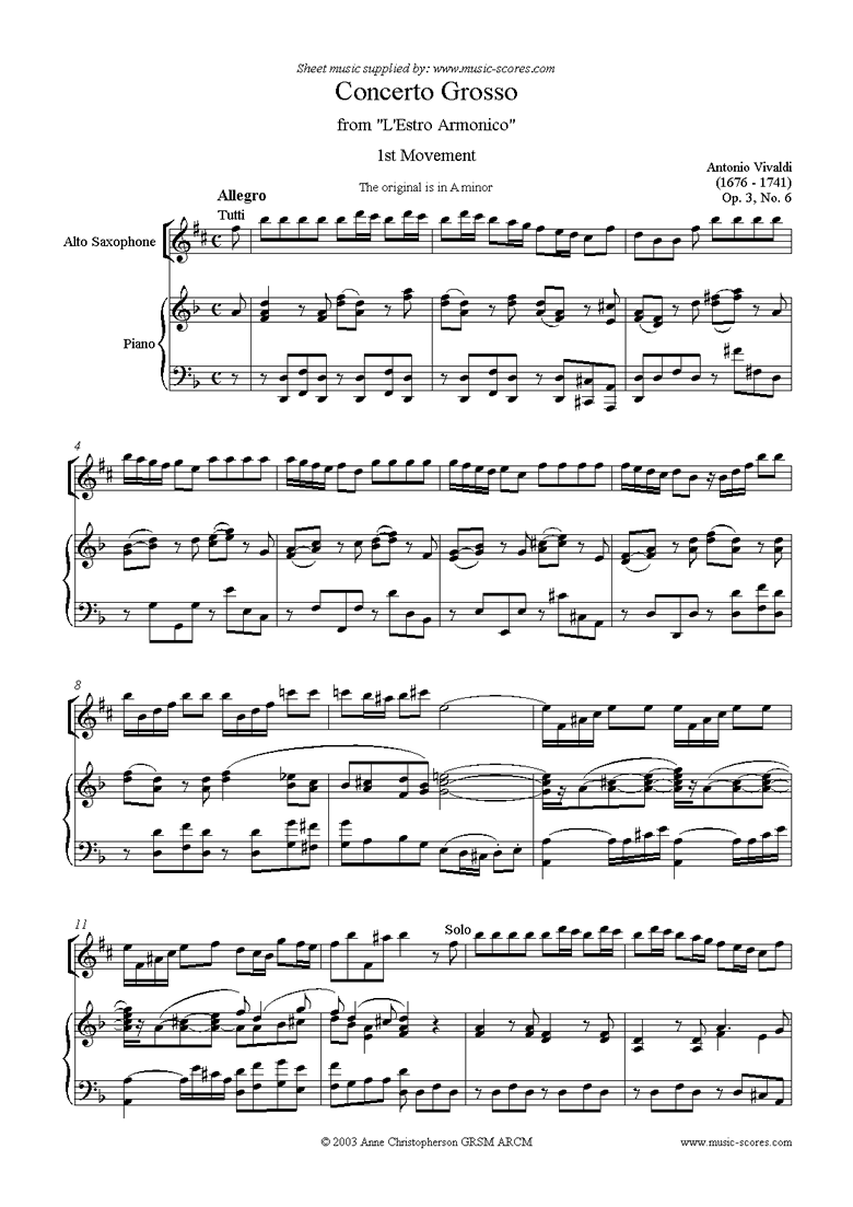 Front page of Concerto Grosso, 1st Movement: Op.3, No.6 sheet music