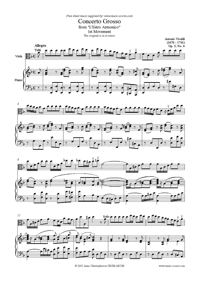 Front page of Concerto Grosso, 1st Movement: Op.3, No.6 sheet music