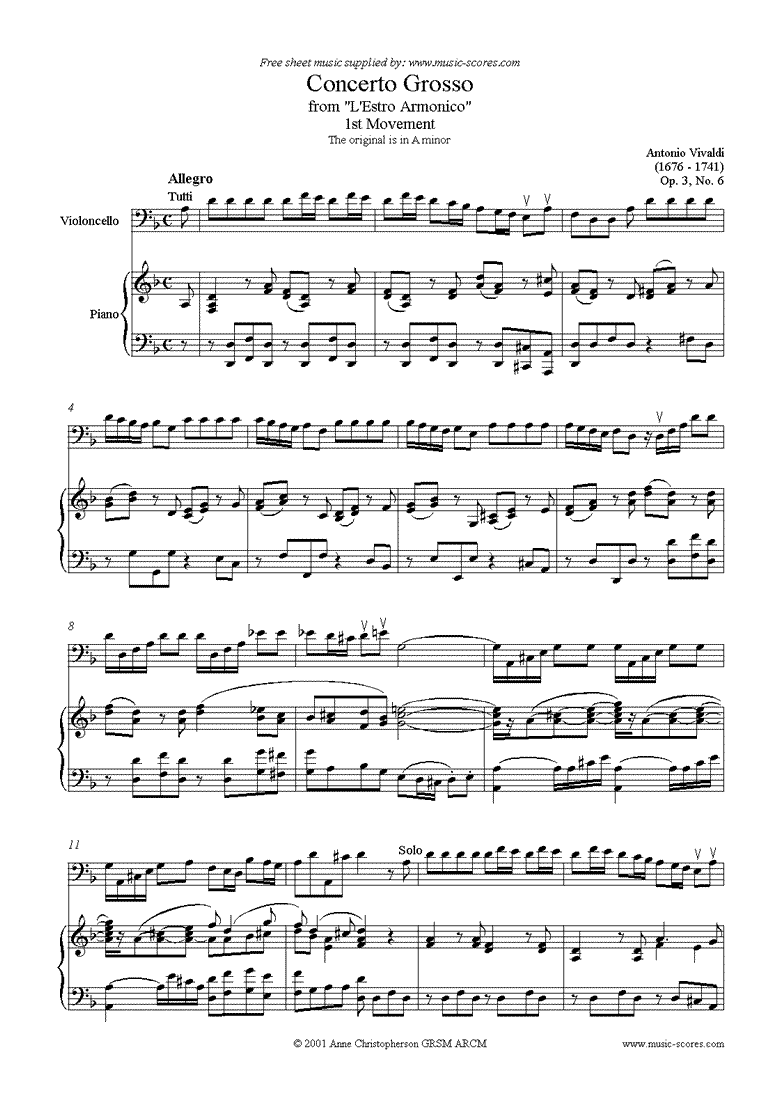 Front page of Concerto Grosso, 1st Movement: Op.3, No.6 sheet music