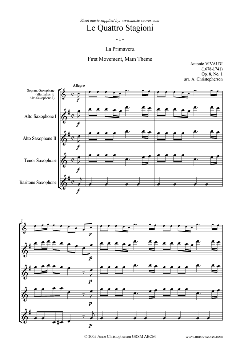Front page of Op.8 No.1: The Four Seasons: Spring: sax 4 sheet music
