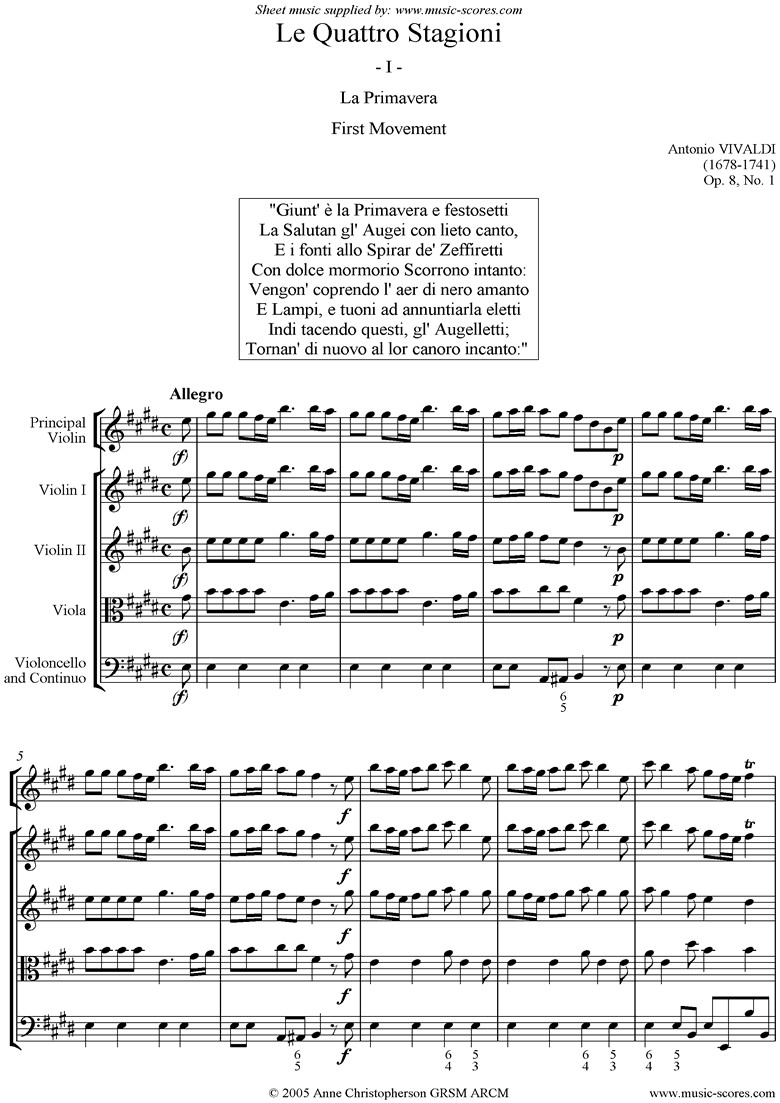 Front page of Op.8 No.1: The Four Seasons: Spring: 1st mt:Strings sheet music