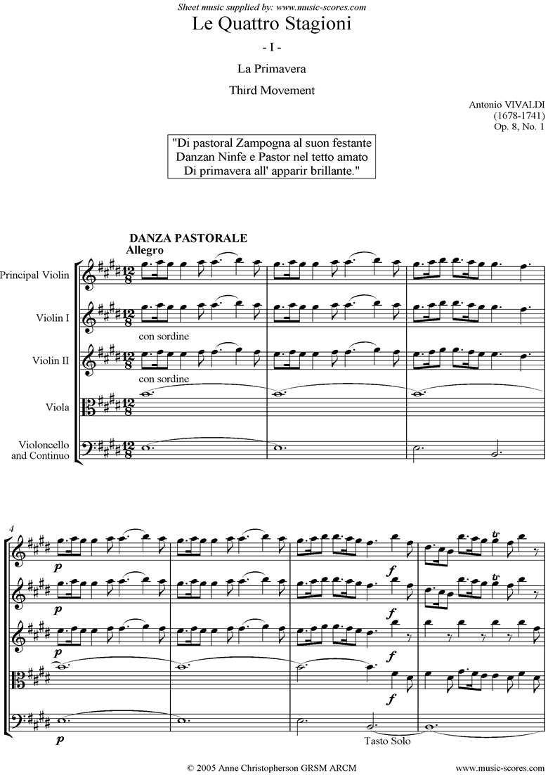 Front page of Op.8 No.1: The Four Seasons: Spring: 3rd mt:Strings sheet music