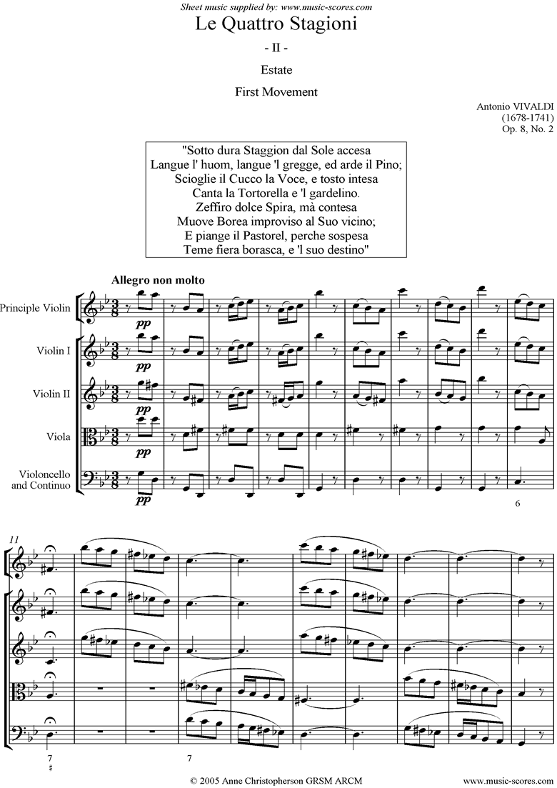 Front page of Op.8 No.2: The Four Seasons: Summer: 1st mt:Strings sheet music